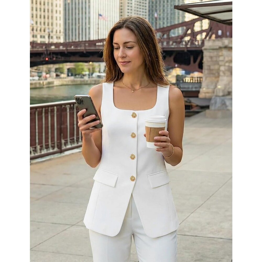 Women's White Sleeveless Suit Vest Square Neck Button Down Work Business Blazer - Picture 5 of 6
